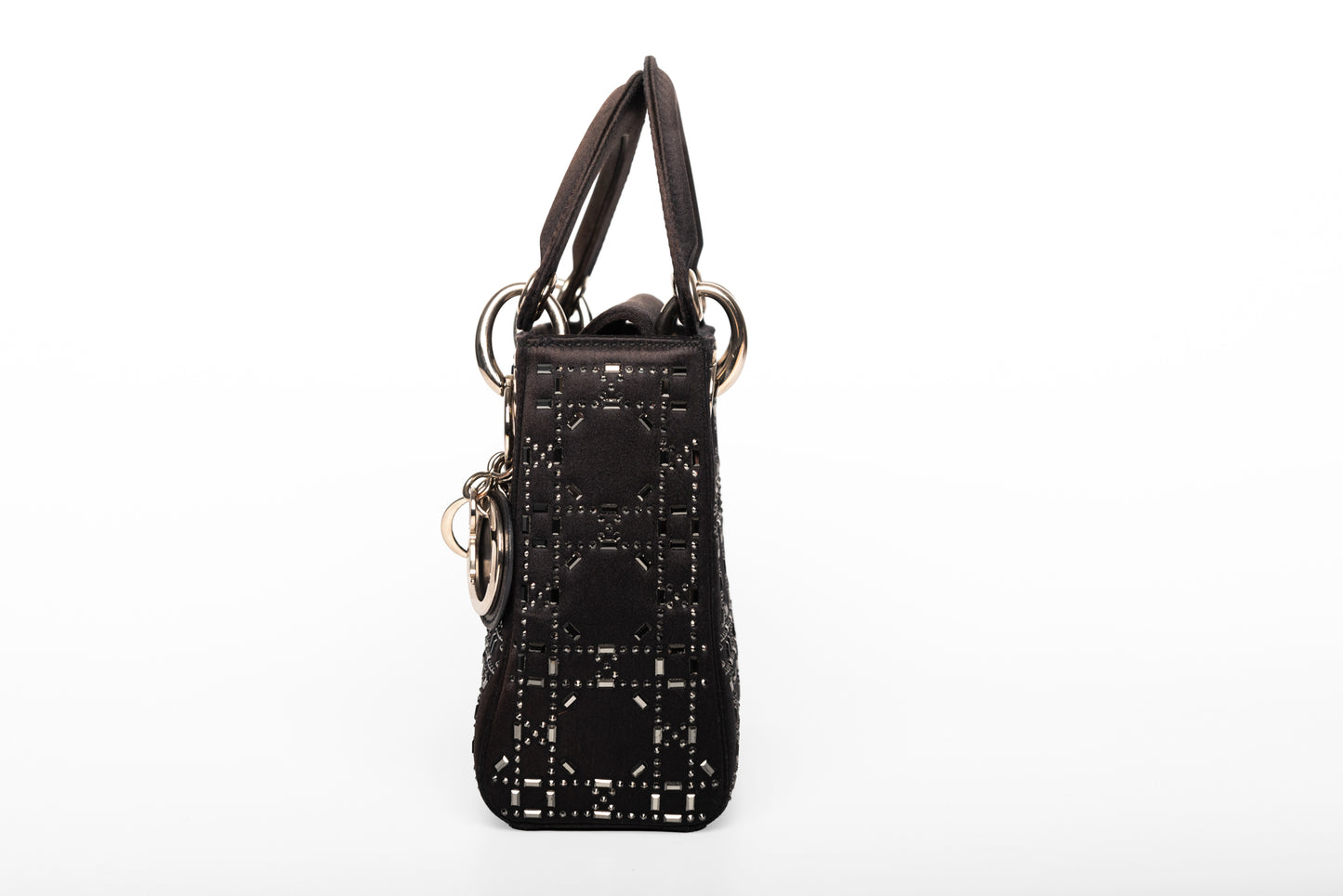 Çantë Christian Dior Mini Lady Dior prej sateni me gurë dhe rrip zinxhiri