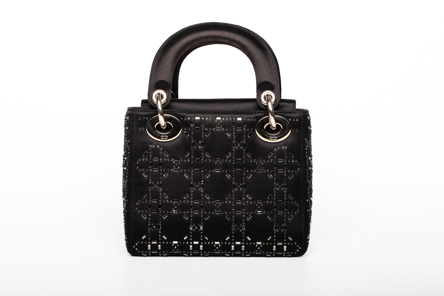 Çantë Christian Dior Mini Lady Dior prej sateni me gurë dhe rrip zinxhiri