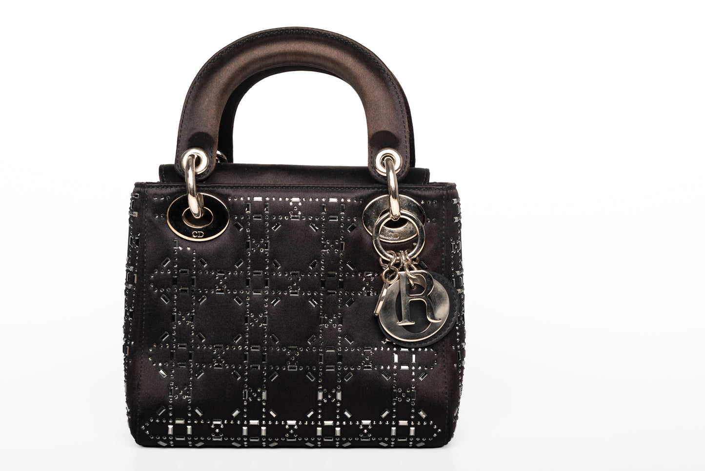 Çantë Christian Dior Mini Lady Dior prej sateni me gurë dhe rrip zinxhiri