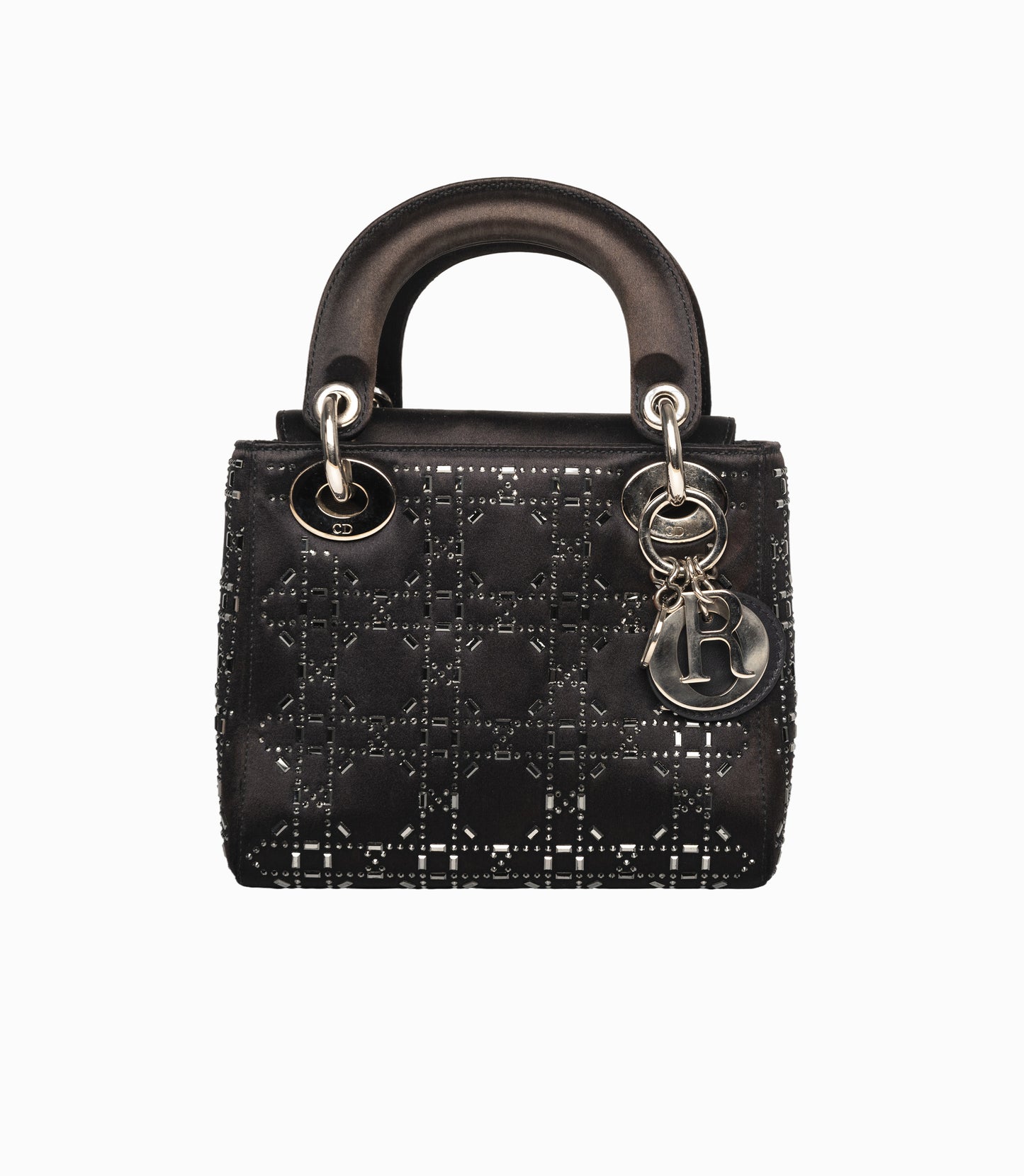 Çantë Christian Dior Mini Lady Dior prej sateni me gurë dhe rrip zinxhiri