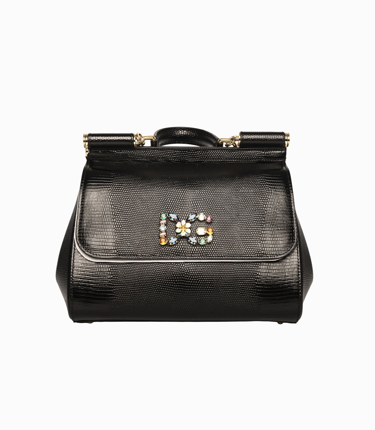 Dolce & Gabbana Black Lizard Embossed Leather Medium Miss Sicily Top Handle Bag