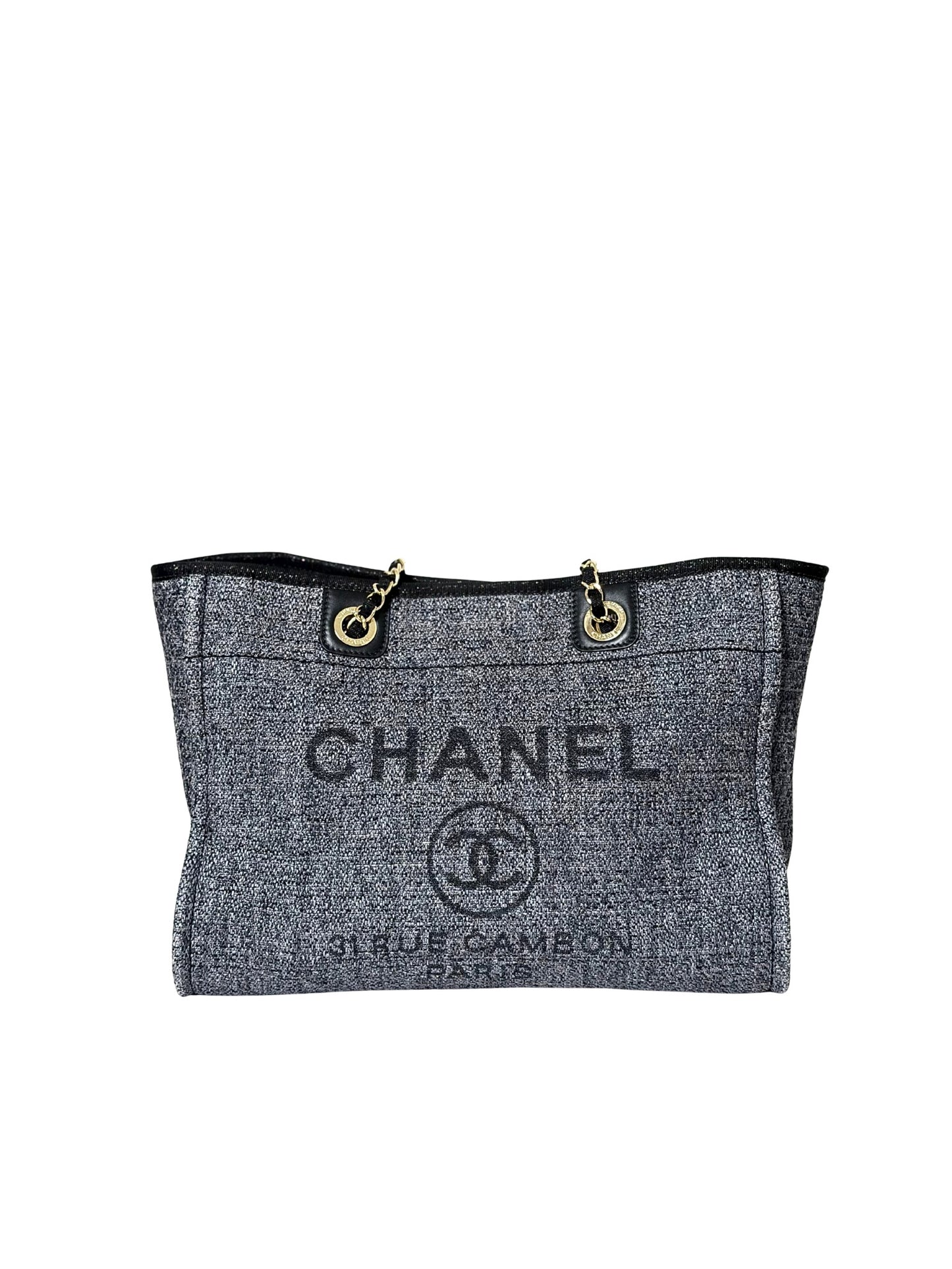 Chanel Deauville MM Straw Chain Tote Bag Navy Blue Silver Metal