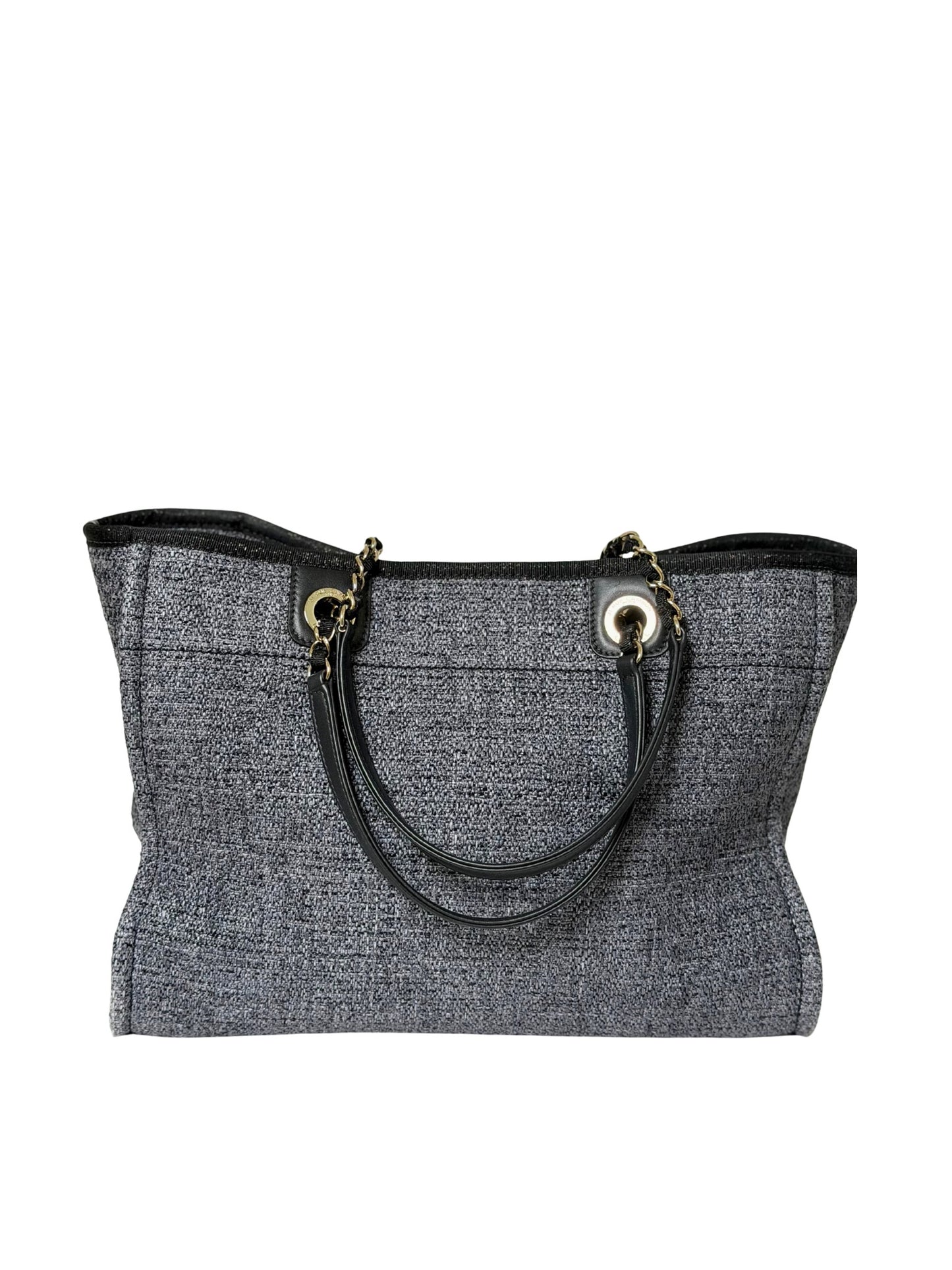 Chanel Deauville MM Straw Chain Tote Bag Navy Blue Silver Metal