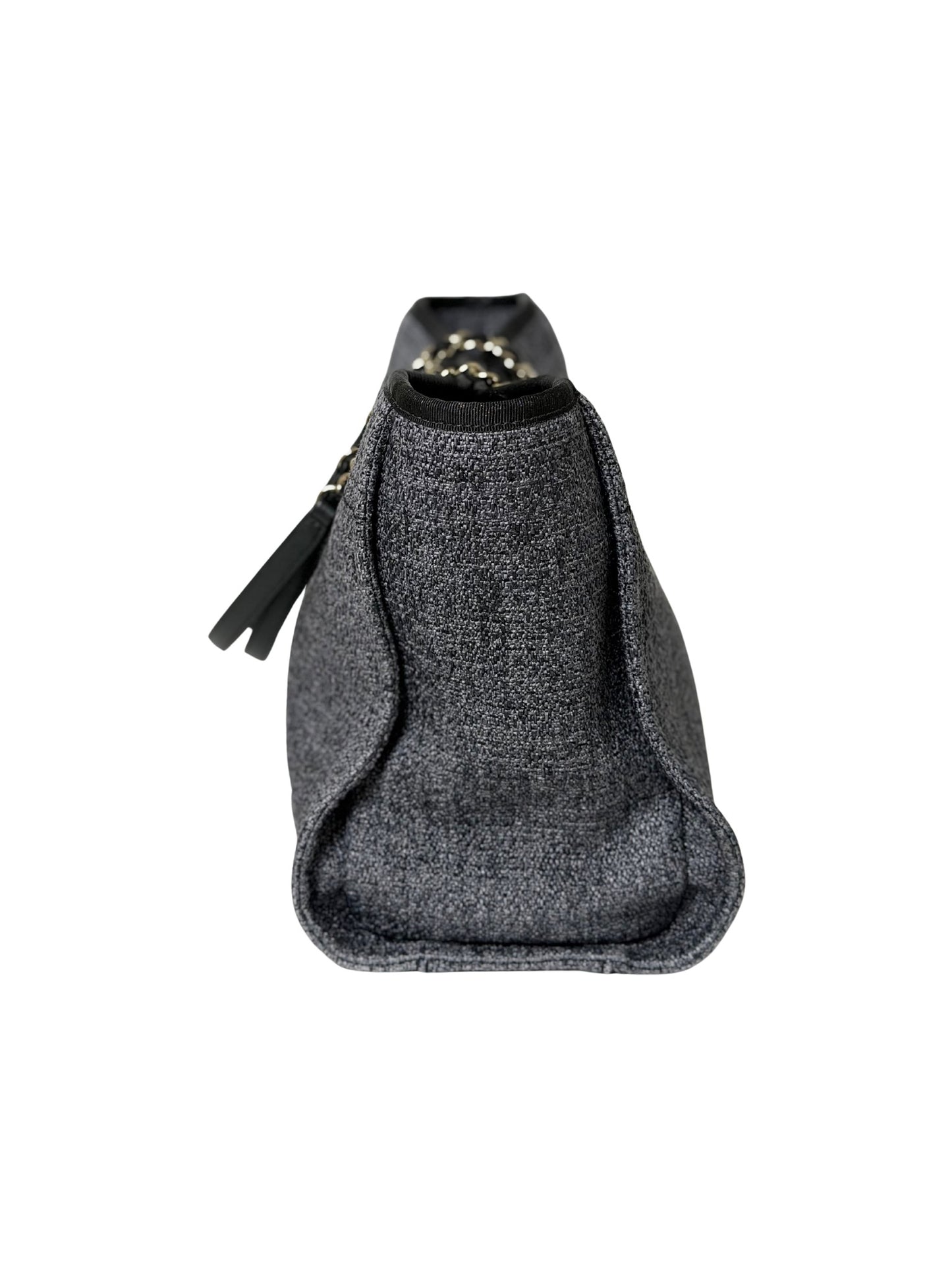 Chanel Deauville MM Straw Chain Tote Bag Navy Blue Silver Metal