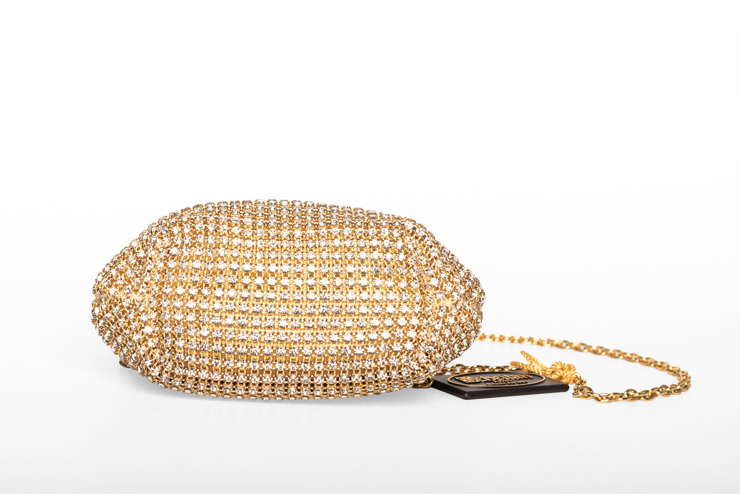 Judith Leiber Couture çantë dore e stolisur me kristale, ngjyrë ari