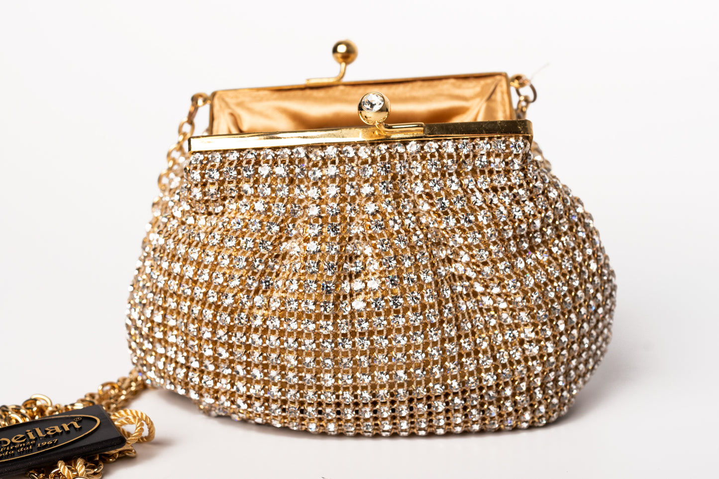 Judith Leiber Couture çantë dore e stolisur me kristale, ngjyrë ari