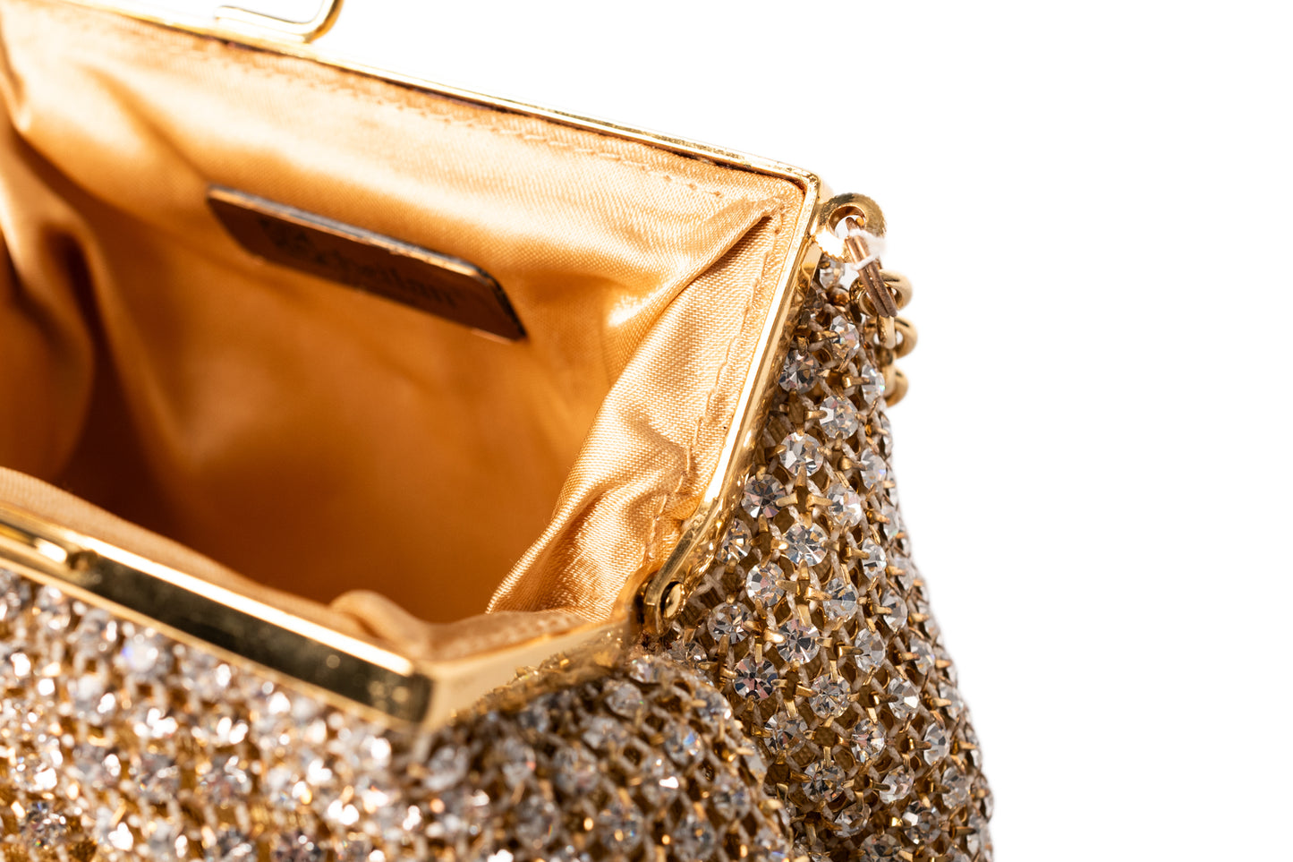 Judith Leiber Couture çantë dore e stolisur me kristale, ngjyrë ari