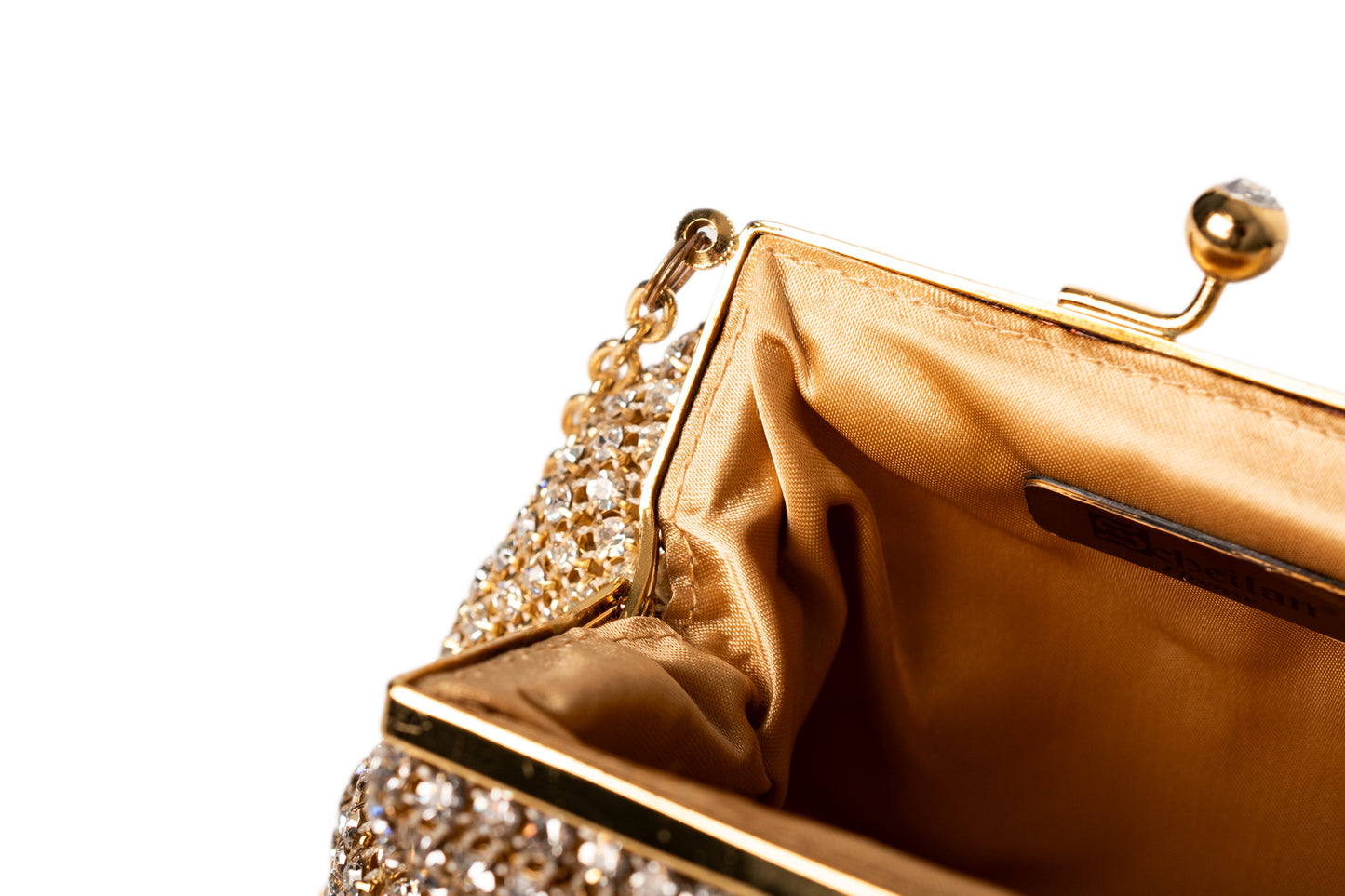 Judith Leiber Couture çantë dore e stolisur me kristale, ngjyrë ari
