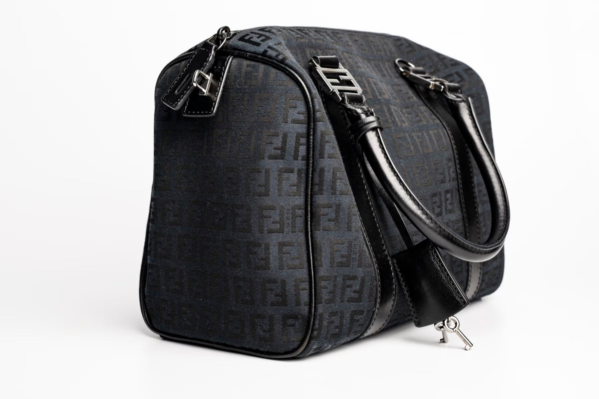 Fendi Black Zucchino Forever Bauletto Boston Bag