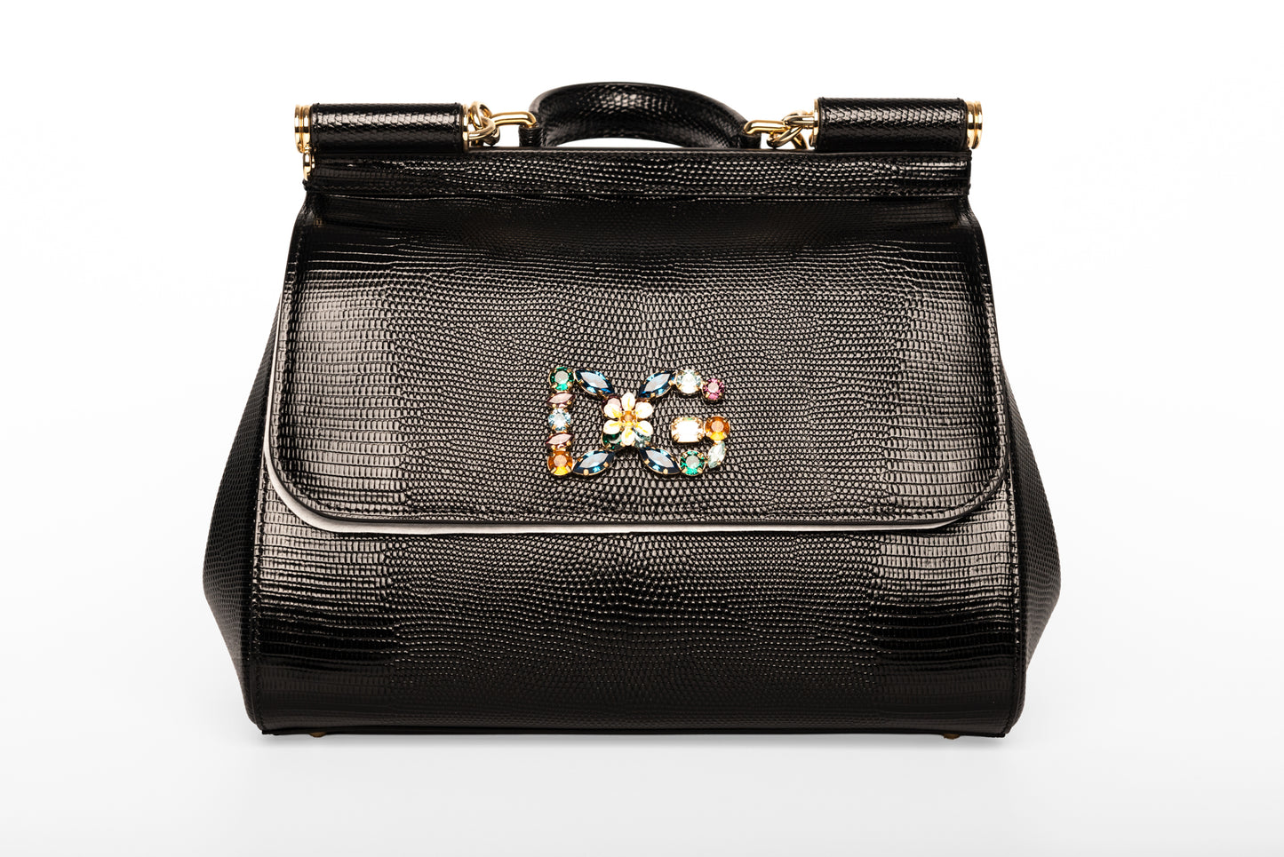 Dolce & Gabbana Black Lizard Embossed Leather Medium Miss Sicily Top Handle Bag
