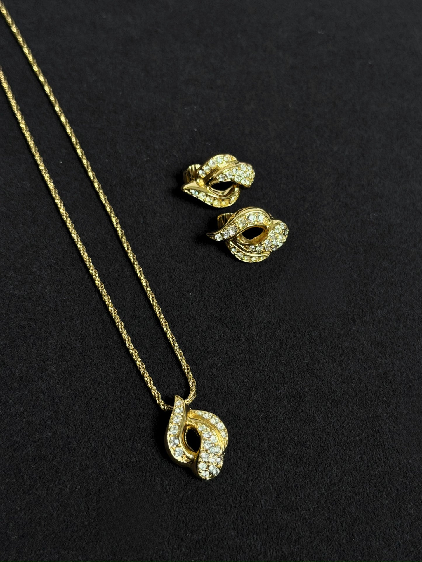 Christian Dior Vintage Rhinestone Gold-Tone Necklace & Earring Set