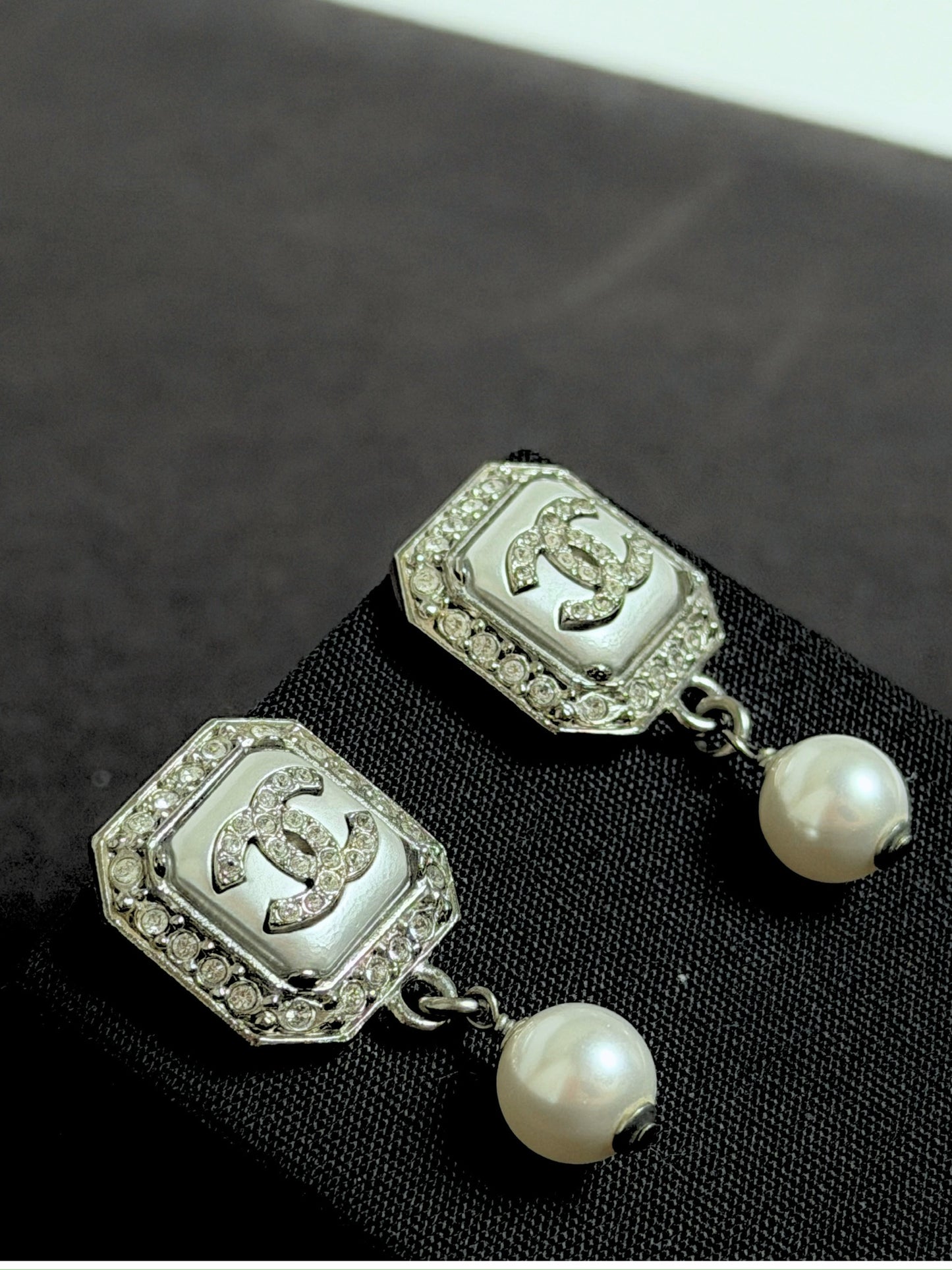 Chanel CC Square Drop Pearl Earrings