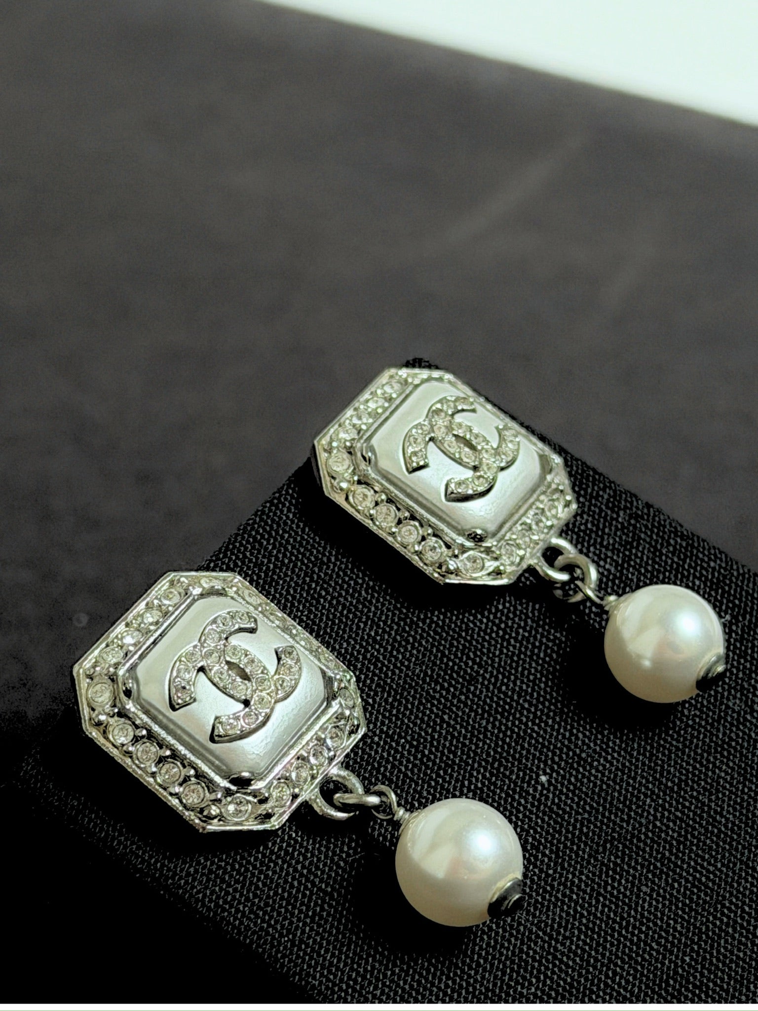 Chanel CC Square Drop Pearl Earrings