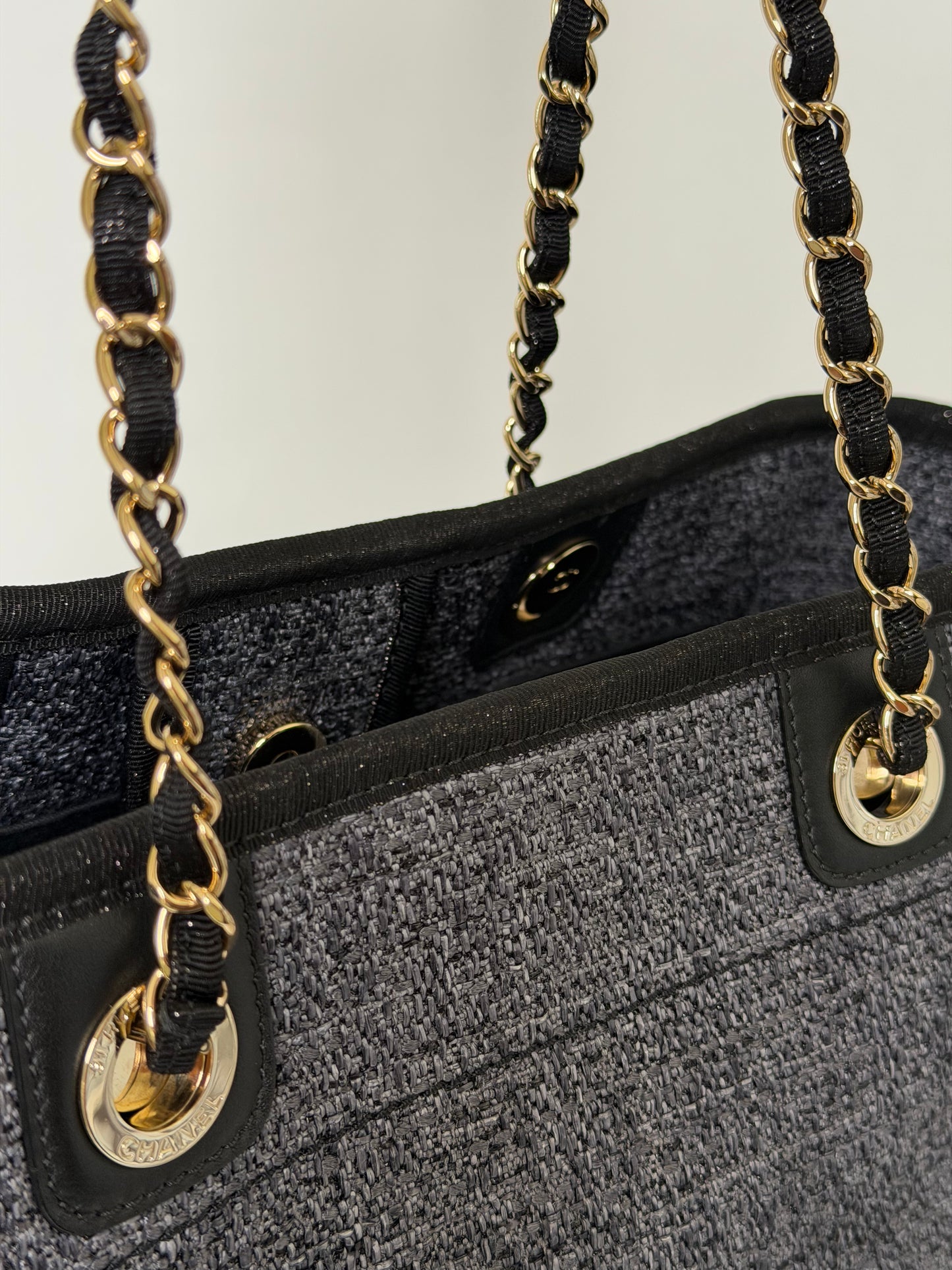 Chanel Deauville MM Straw Chain Tote Bag Navy Blue Silver Metal
