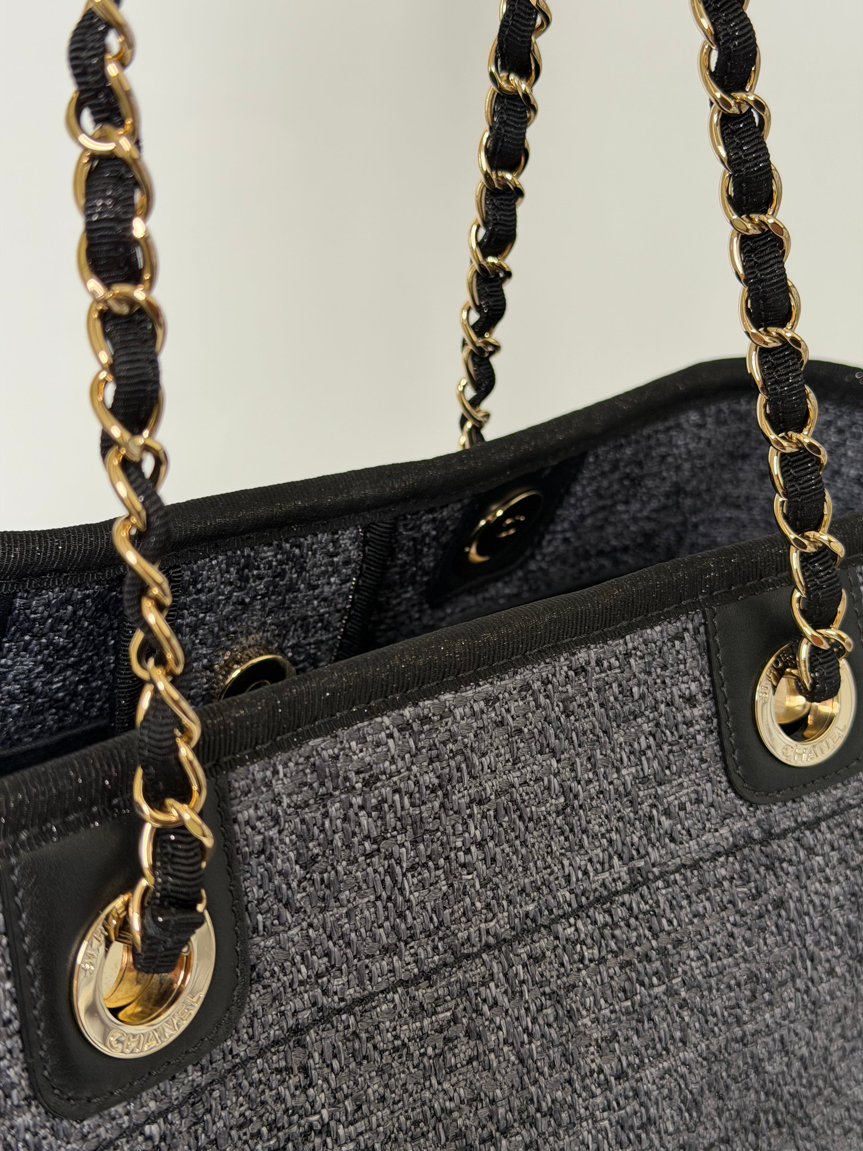 Chanel Deauville MM Straw Chain Tote Bag Navy Blue Silver Metal