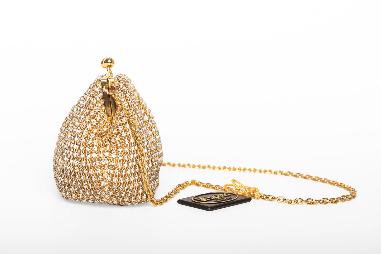 Judith Leiber Couture çantë dore e stolisur me kristale, ngjyrë ari