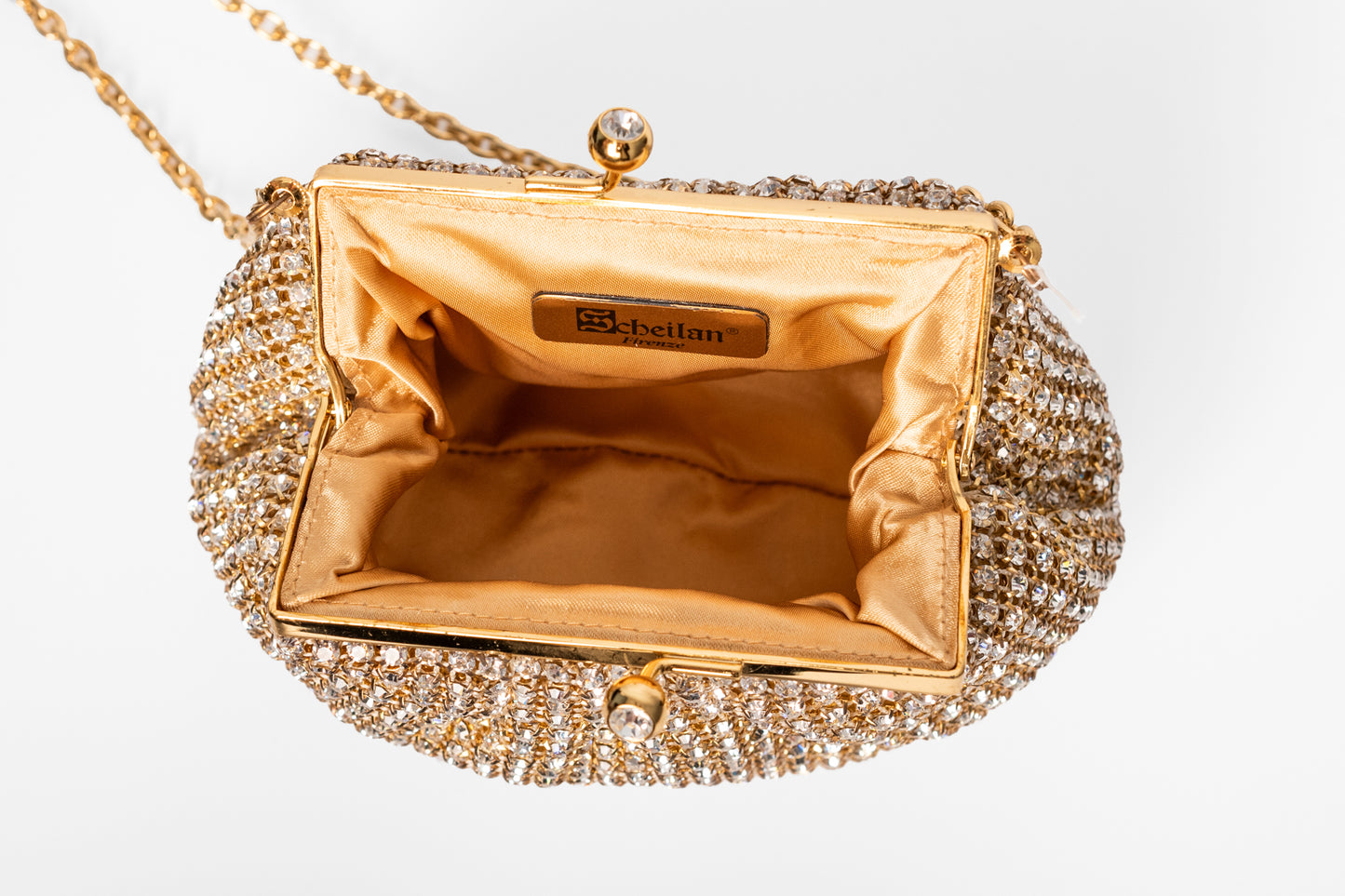 Judith Leiber Couture çantë dore e stolisur me kristale, ngjyrë ari