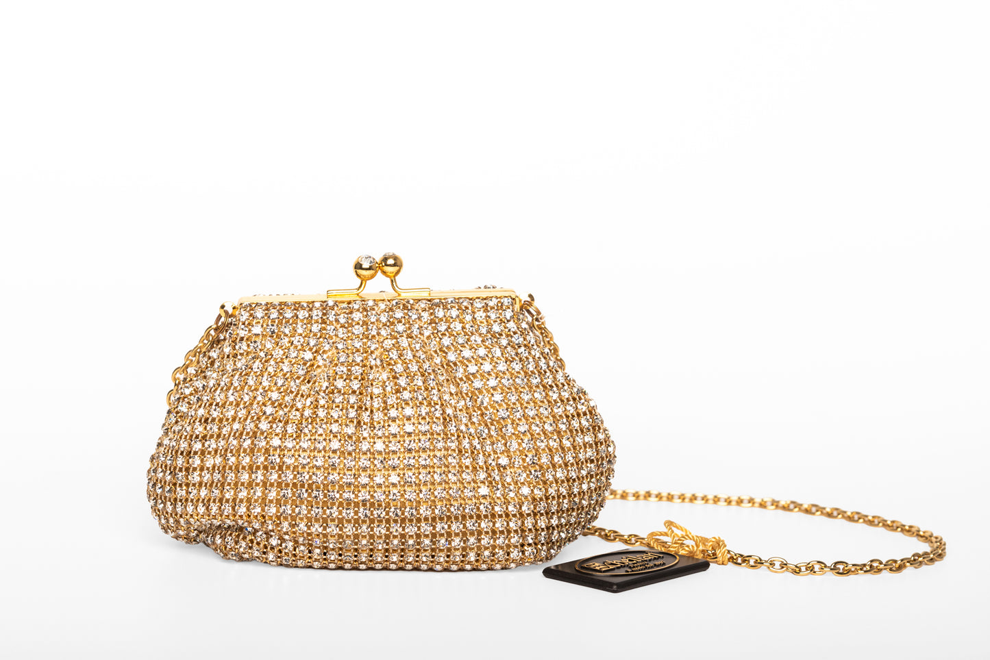 Judith Leiber Couture çantë dore e stolisur me kristale, ngjyrë ari