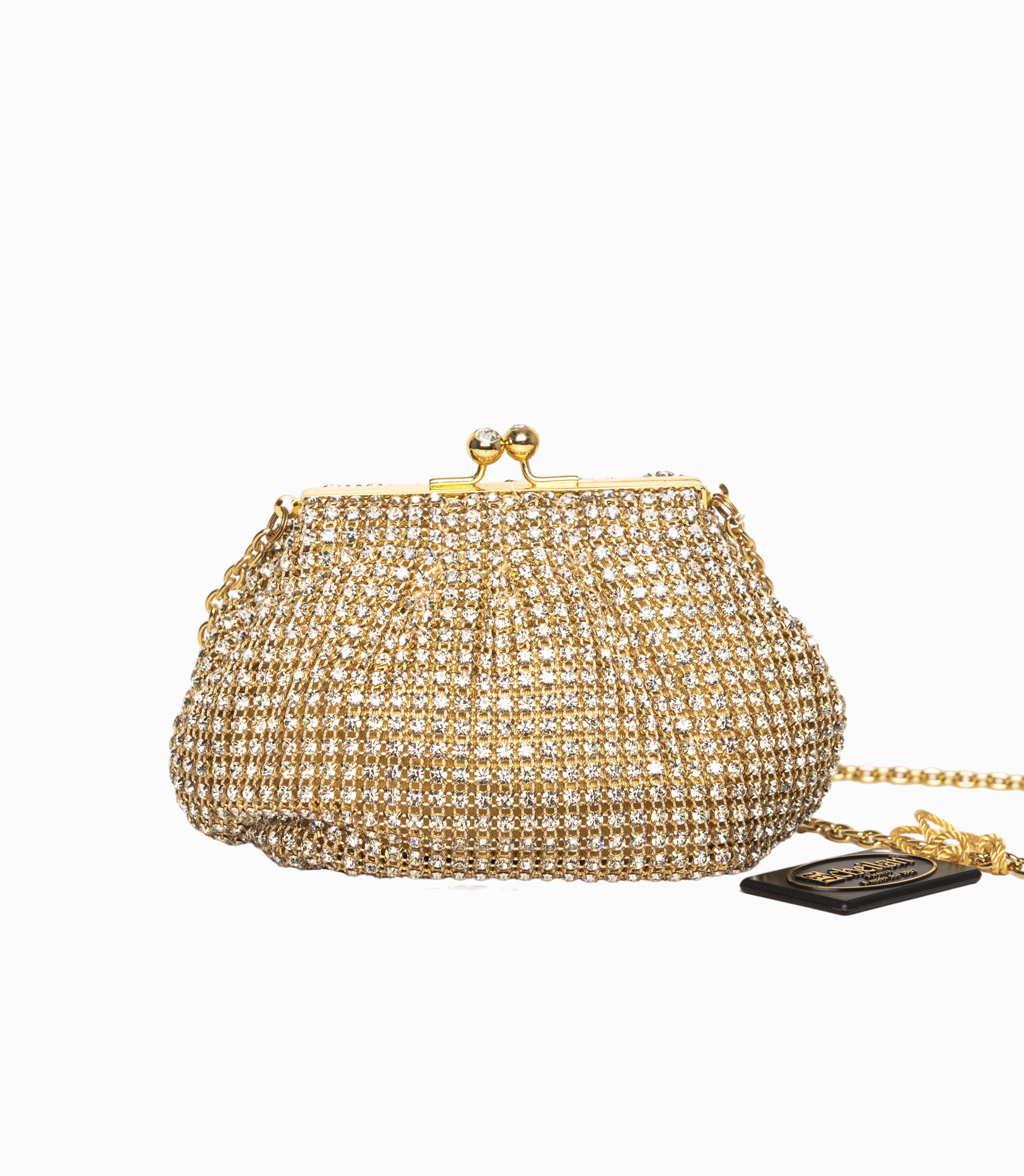 Judith Leiber Couture çantë dore e stolisur me kristale, ngjyrë ari